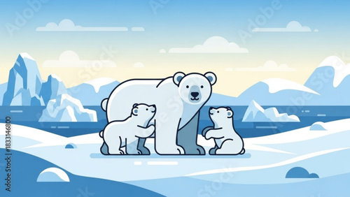 A charming flat illustration of a mother polar bear with her two cubs standing on a snowy arctic landscape with icebergs and mountains in the background under a pale blue sky with clouds