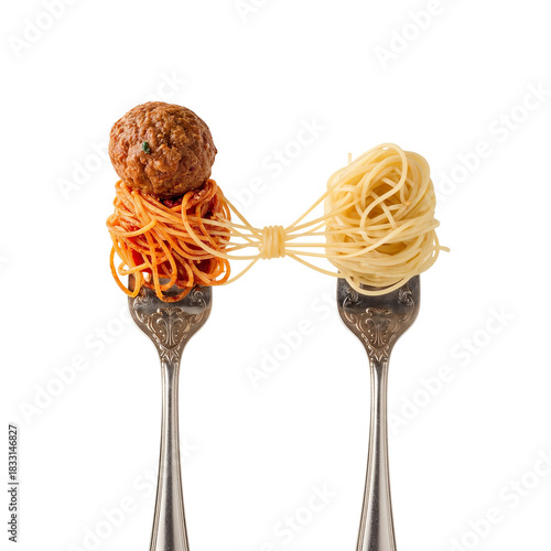 Culinary connection: An artistic display of pasta, meatball and culinary harmony between forks