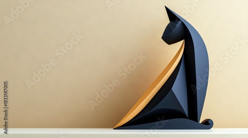 An abstract, geometric sculpture of a cat sits on a white shelf against a beige wall. The sculpture is primarily black with a gold accent.