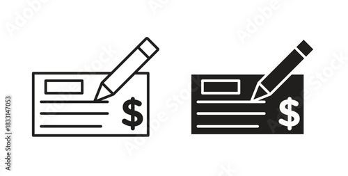 Money check icon glyph and line set thin line symbol concept.