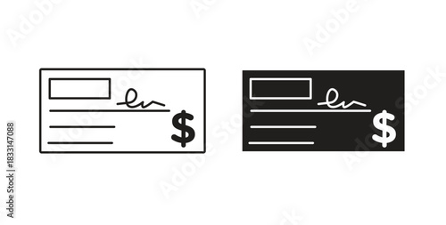 Money check icon glyph and line set thin line symbol concept.