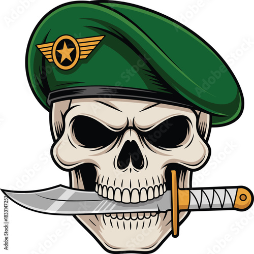 Skull with green beret and combat knife — fierce military illustration featuring gold star emblem and gritty warrior symbolism
