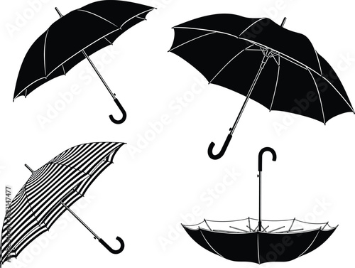 Stylish black umbrellas collection for weather protection, rain accessories, vector design element for graphic projects, monsoon season illustration, weather forecast