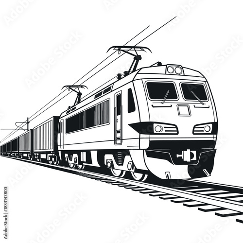 An electric freight train travels along its tracks under overhead power lines.