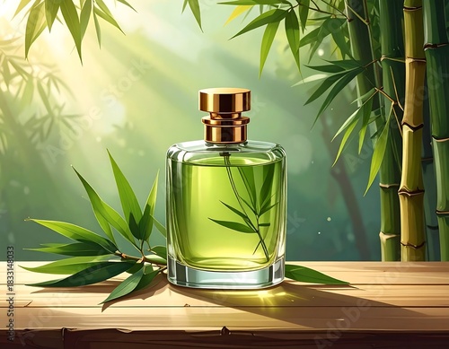 Elegant green bamboo perfume bottle on a wooden table with natural zen light