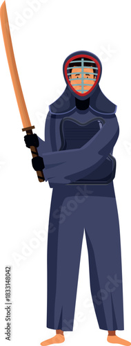 Kendo fighter is practicing martial art with bamboo sword