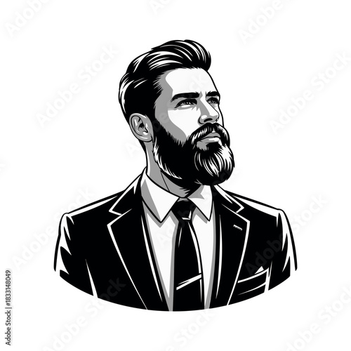 A distinguished man with a beard wears a suit and tie and looks thoughtfully into the distance.