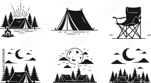 Camping adventures await! Explore nature with these vector icons showing tents, campfires, starry nights, and outdoor relaxation, perfect for travel and adventure designs