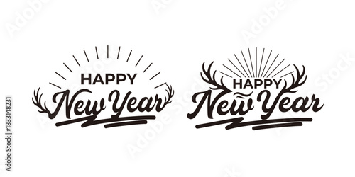 Greeting text of happy new year lettering design with deer antlers vector illustration