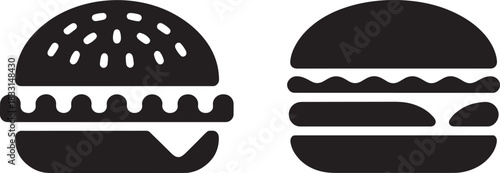Two Stylized Burger Icons in Black Silhouette on White Background Keywords: burger, hamburger, food