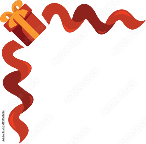 Red ribbon forming a festive corner frame with a gift box and yellow bow, creating a cheerful holiday design