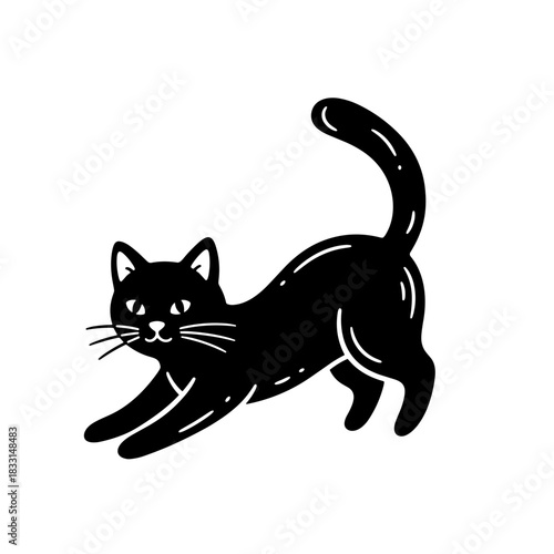 Playful Black Cat Stretching with Arched Back and Tail Up.