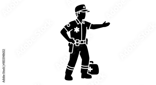 Paramedic Silhouette Directing Traffic with First Aid Kit.