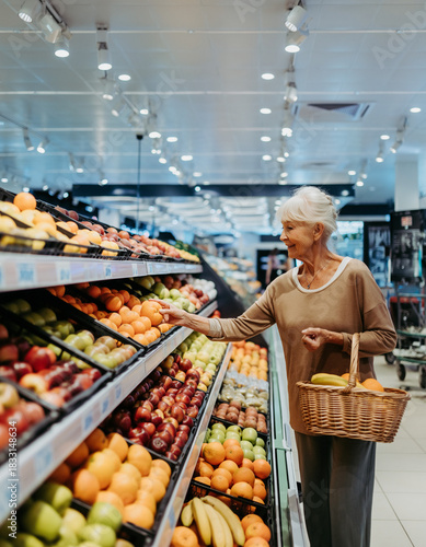 Elderly Woman Choosing Fresh Fruits in Grocery Store Produce Aisle