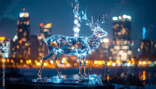 Crystal deer statue glows against a blurred urban skyline at night