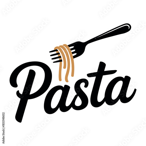 A fork twirls spaghetti above the word Pasta.