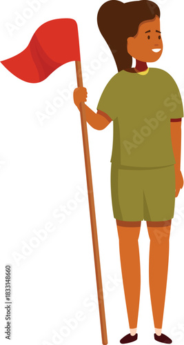 Smiling girl celebrating with a red flag, sport, competition and victory concept