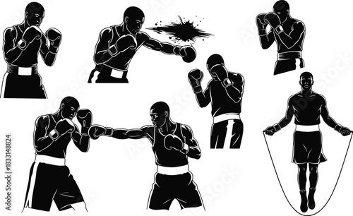 Boxing silhouette set, seven dynamic poses, training and sparring actions, gloves, athletic wear, impact splatter, sports illustration, vector art