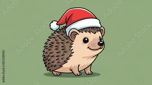 Cute cartoon hedgehog wearing a red and white santa hat smiling happily on a plain green background perfect for christmas and holiday designs