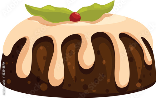 Delicious christmas pudding features a holly berry and dripping icing, evoking warmth and joy of the festive season