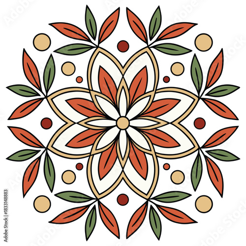 Folk Art Flower and Berry Square Illustration Fabric Print and Stationery Design