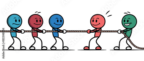 Cartoon characters playing tug of war with uneven teams and emotions depicted