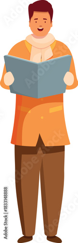 Male choir singer is happily singing christmas carols, holding a songbook