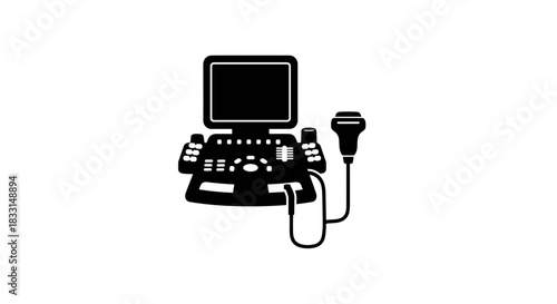 Black and White Ultrasound Machine Illustration for Medical Use.