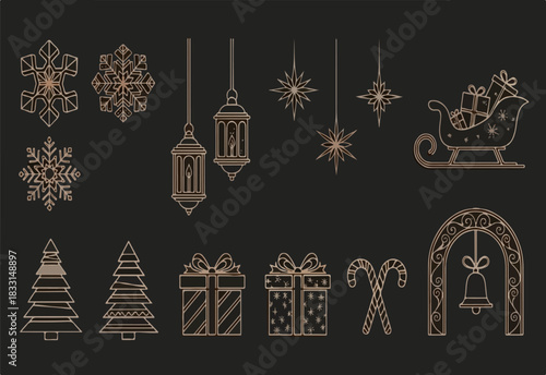 Elegant Christmas holiday decoration set with vintage copper line art ornaments and gifts isolated PNG with Transparent Background