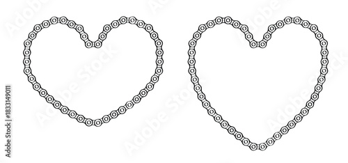 Heart, loven icon. Cartoon silhouette of the chain for bike or bicycle. Cycling line pattern. Motorcycle chain links symbol. Bicycle chains. For 14 february, valentine, valentines day.