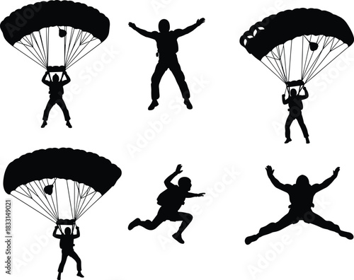 Dynamic Parachutist Silhouettes Vector Art Collection: Perfect for Adventure, Sports, and Extreme Activities Designs, Emphasizing Freedom and Skill