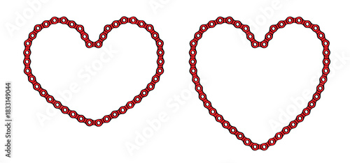 Red, heart, loven icon. Cartoon silhouette of the chain for bike or bicycle. Cycling line pattern. Motorcycle chain links symbol. Bicycle chains. For 14 february, valentine, valentines day.