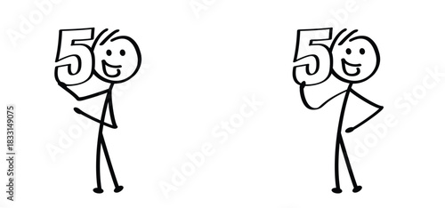 Cartoon stickman and number 50. Married for 50 years or 50 years old anniversary, abraham, sarah or wedding day. Happy Birthday. Congratulations fifty year 50th. Man or woman. Mascotte