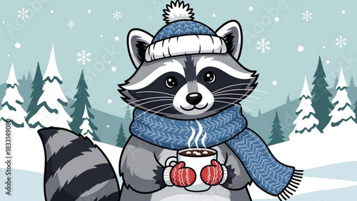 Cute cartoon raccoon wearing a blue knitted hat and scarf holding a steaming mug of hot chocolate in a snowy winter forest with falling snowflakes