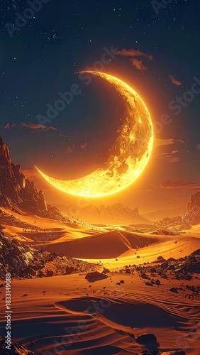 Fototapeta Naklejka Na Ścianę i Meble -  Crescent moon over desert. Earthy orange landscape with a giant crescent moon casting a golden glow on sand dunes