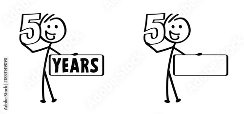 Cartoon stickman and number 50. Married for 50 years or 50 years old anniversary, abraham, sarah or wedding day. Happy Birthday. Congratulations fifty year 50th. Man or woman. Mascotte