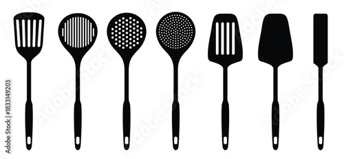 Cartoon different kitchen spatulas tools. Baking, cooking spatula silhouette. Barbecue tool.