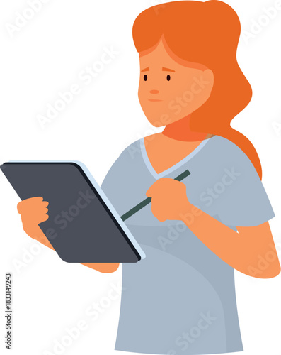 Young female nurse holding tablet and taking notes with a pen, healthcare and technology concept