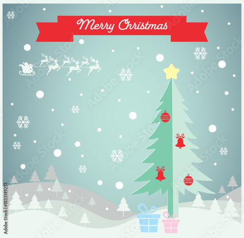 Cute Christmas illustration with a decorated tree, gifts, falling snow, Santa and reindeer, and a Merry Christmas banner. Perfect for holiday cards, prints, decorations, and winter design projects.