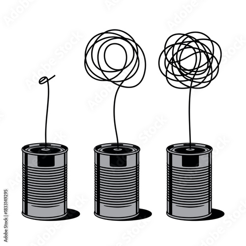 Three tin cans with tangled strings represent communication issues and misunderstandings.