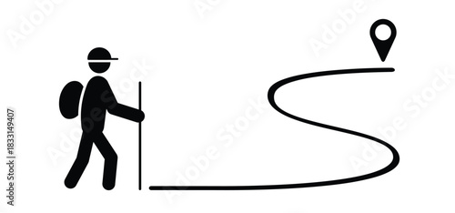 Pointer or point walk trekking route. Hiking man silhouette, in the forest or mountain hiker. Tourist stickman with rucksacks and backpack. Sport, walking with the aid of trekking poles. Travel.