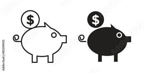 Piggy bank icon glyph and line set thin line symbol concept.