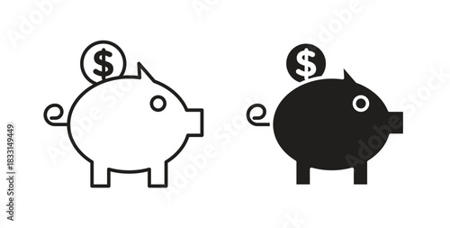 Piggy bank icon glyph and line set thin line symbol concept.