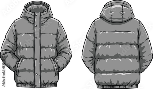 Technical sketch of hooded quilted puffer jacket, front and back view, snap button closure, ribbed cuffs and hem, fashion illustration