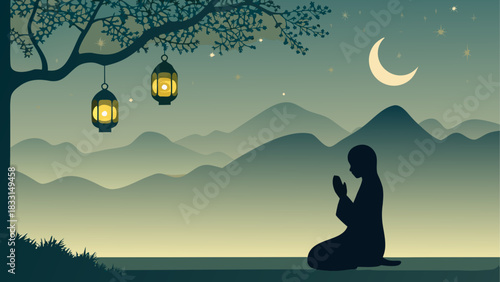 Silhouette praying under moon and hanging lanterns