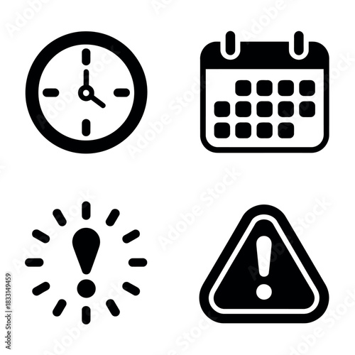 Icons representing time, planning, and alerts are displayed on a white background.