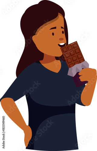 Cheerful woman holding and biting into a delicious chocolate bar, enjoying a sweet treat