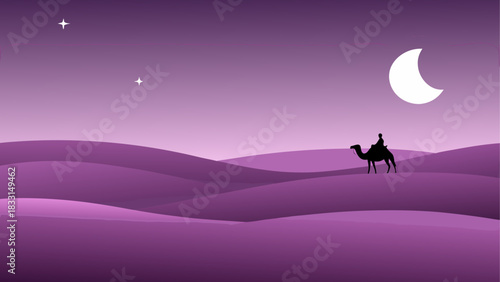 Silhouette of camel rider in desert at night time