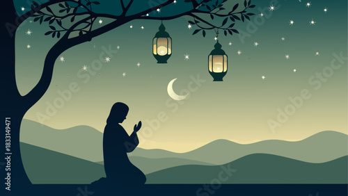 Silhouette praying under lanterns and crescent moon