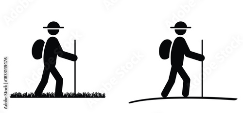 Hiking man silhouette, Cartoon in the forest or mountain hiker. Tourist stickman, hiking man with rucksacks and backpack. Sport, walking with the aid of trekking poles. Travel, trekking route